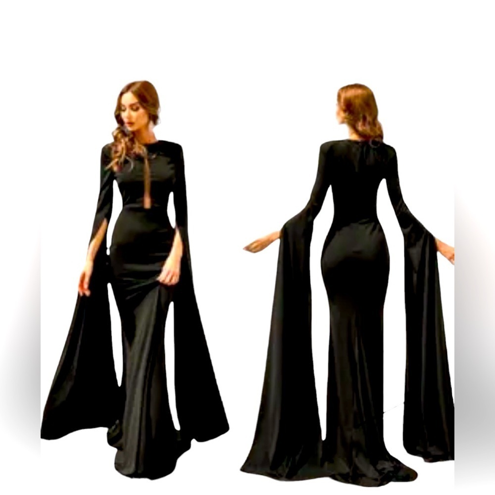MISSORD WOMENS chick split cape long sleeve mesh insert maxi prom dress